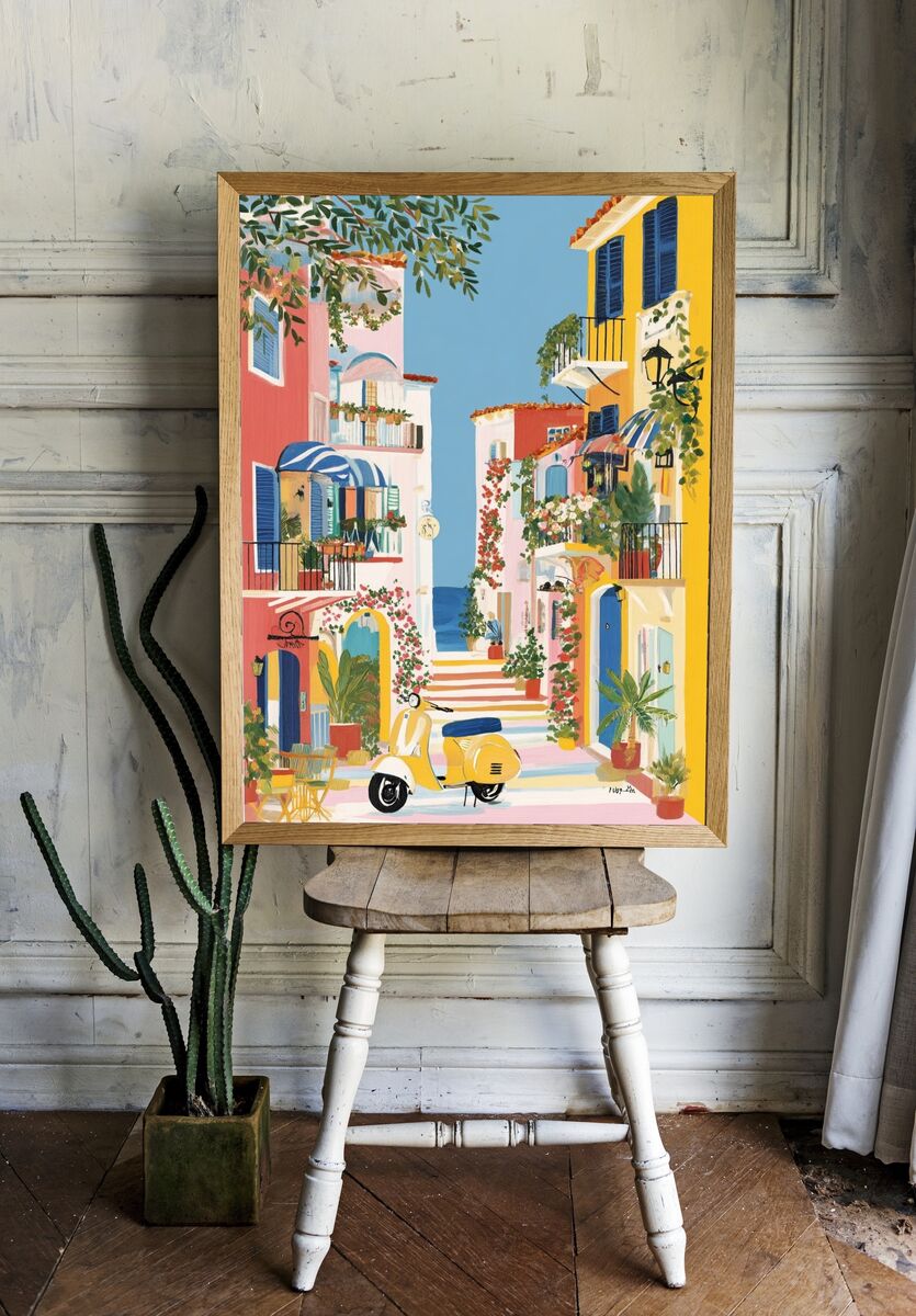 Charming Coastal Village — Illustration Print room preview