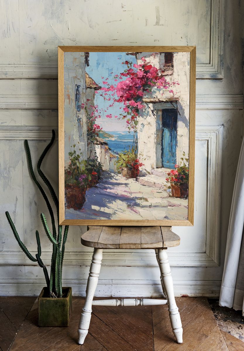 Coastal Village with Bougainvillea — Fine Art Print. — room view 1