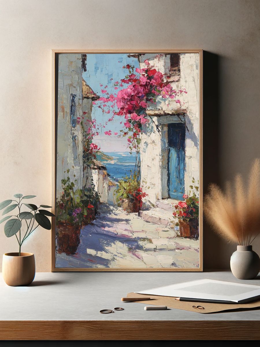 Coastal Village with Bougainvillea — Fine Art Print. — room view 2