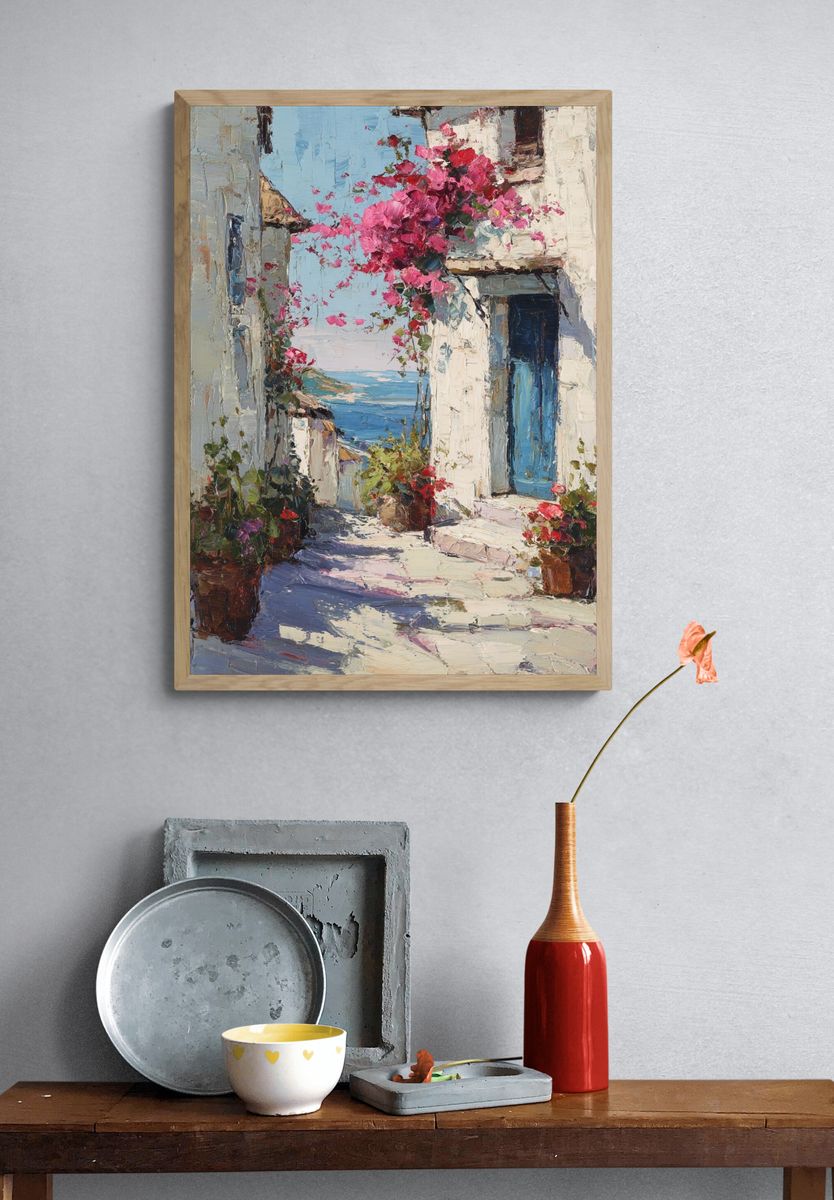 Coastal Village with Bougainvillea — Fine Art Print. — room view 3