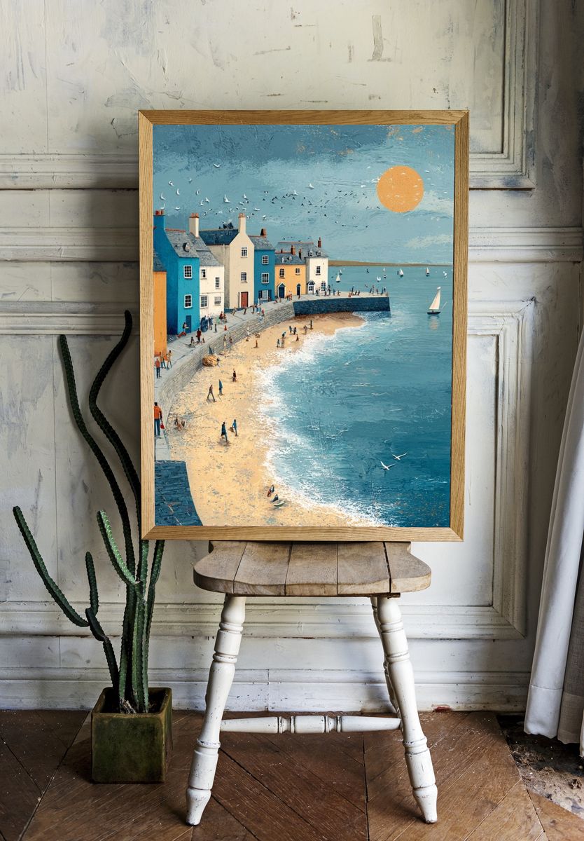 Coastal Village at Sunset — Illustration Print room preview