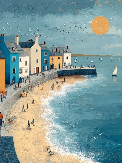 Coastal Village at Sunset — Illustration Print. poster print