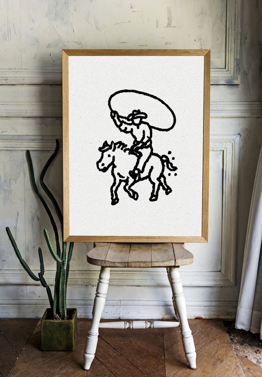 Cowboy on Horse — Line Art Print room preview