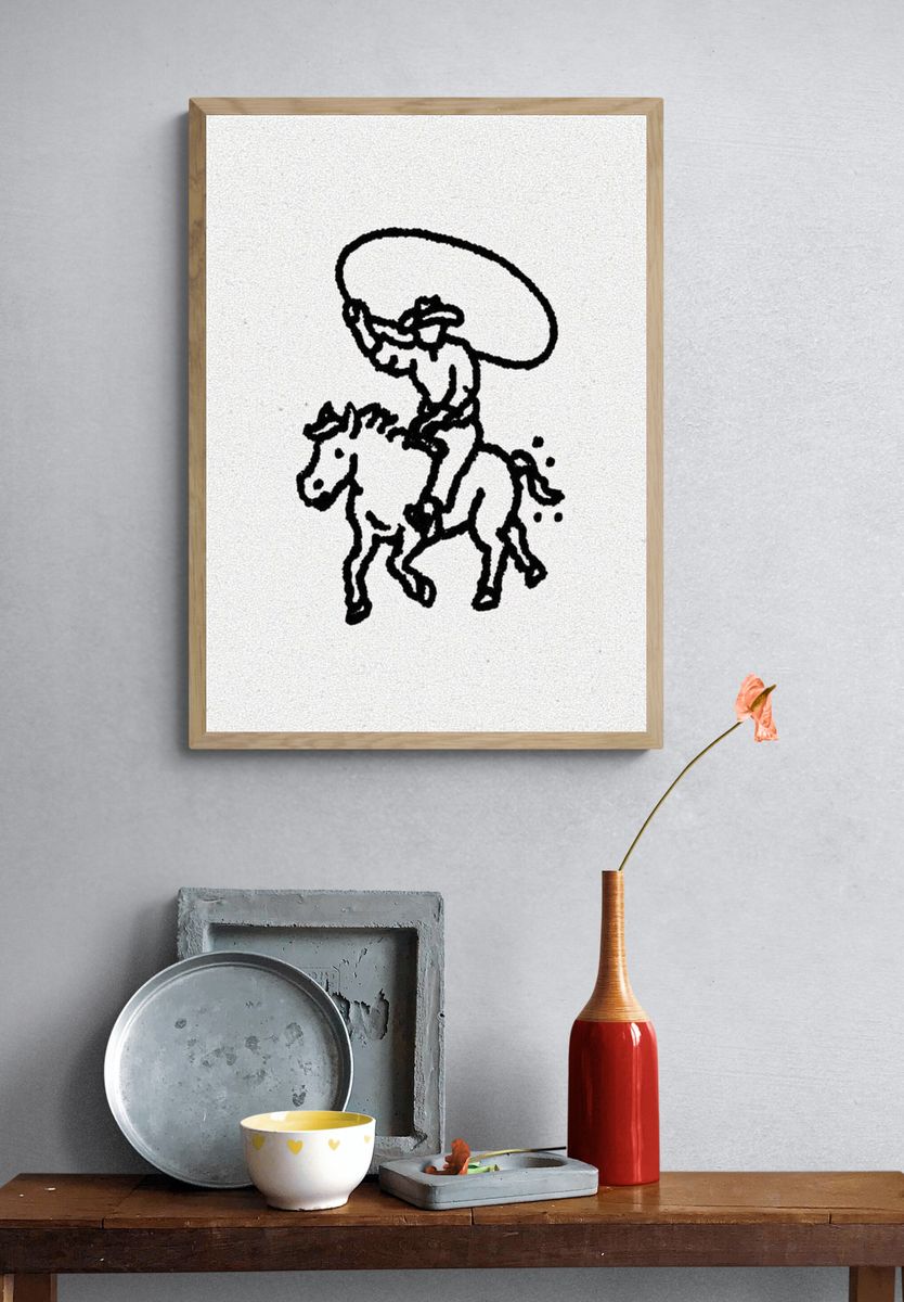 Cowboy on Horse — Line Art Print. — room view 3