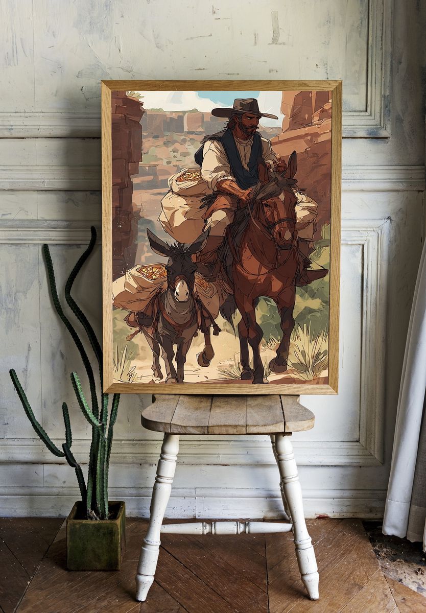 Cowboy and Donkey — Illustration Print room preview