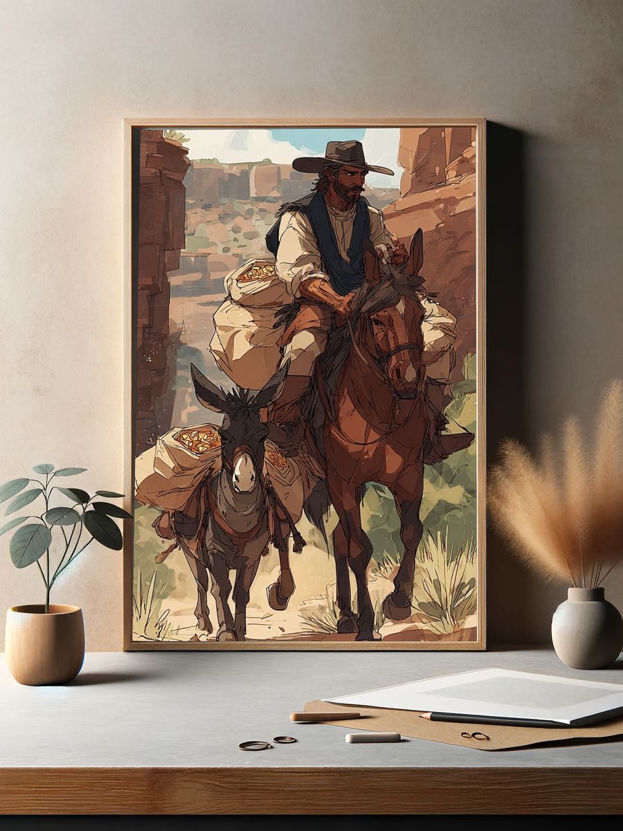 Cowboy and Donkey — Illustration Print. — room view 2