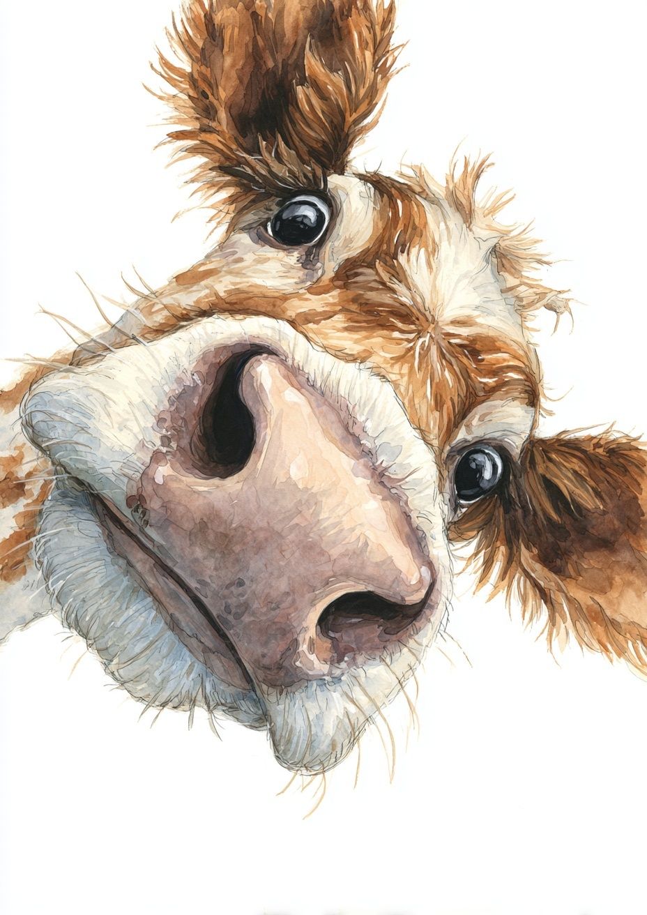 Curious Cow Watercolor Poster. poster detail