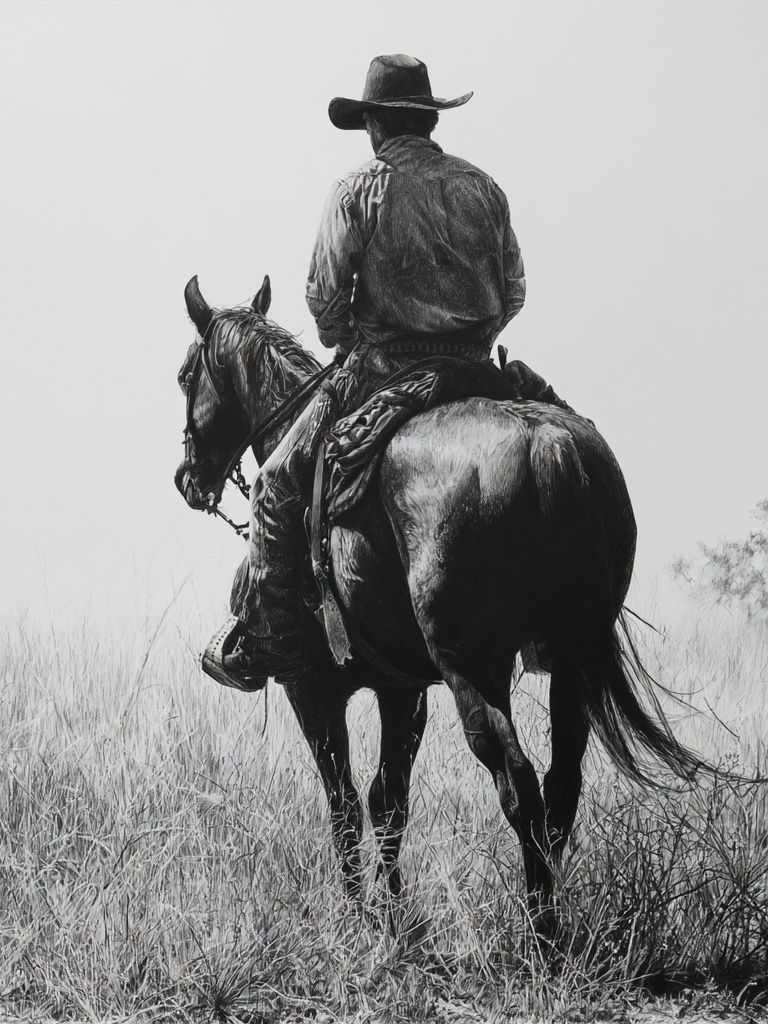 Cowboy on Horse Black-White Poster. poster — photography art