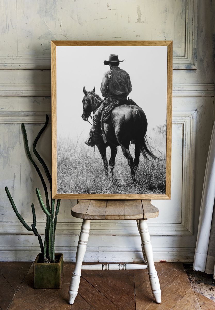 Cowboy on Horse Black-White Poster. room preview