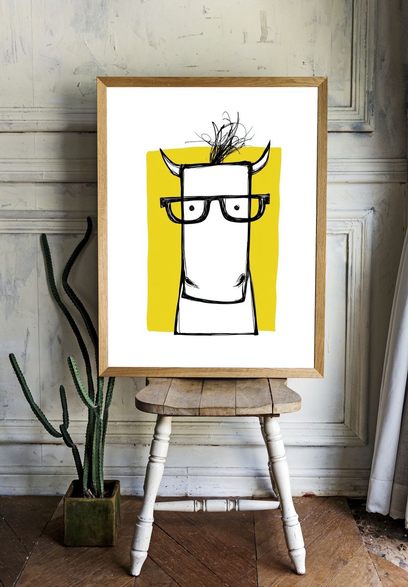 Horned Cow Portrait Print. — room view 1