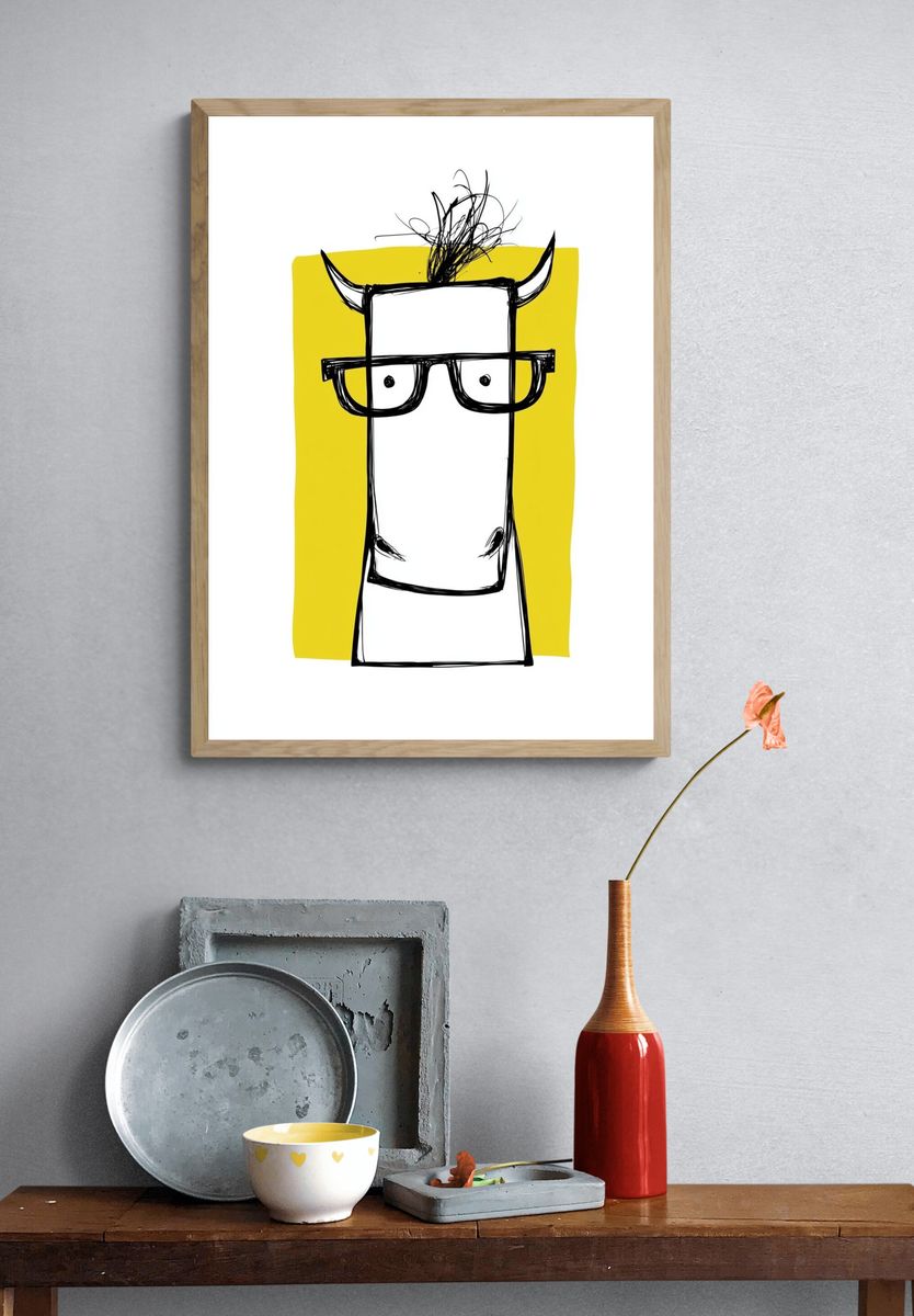 Horned Cow Portrait Print. — room view 3