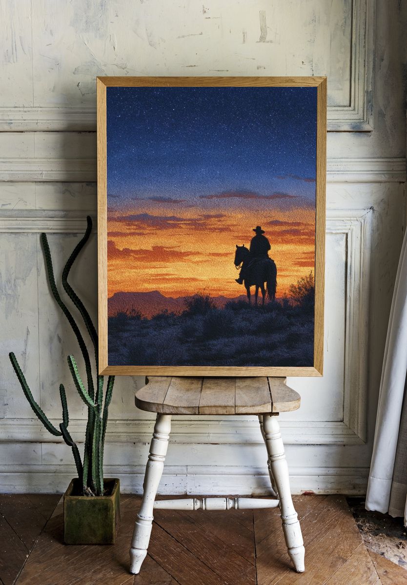 Cowboy at Sunset — Fine Art Print room preview