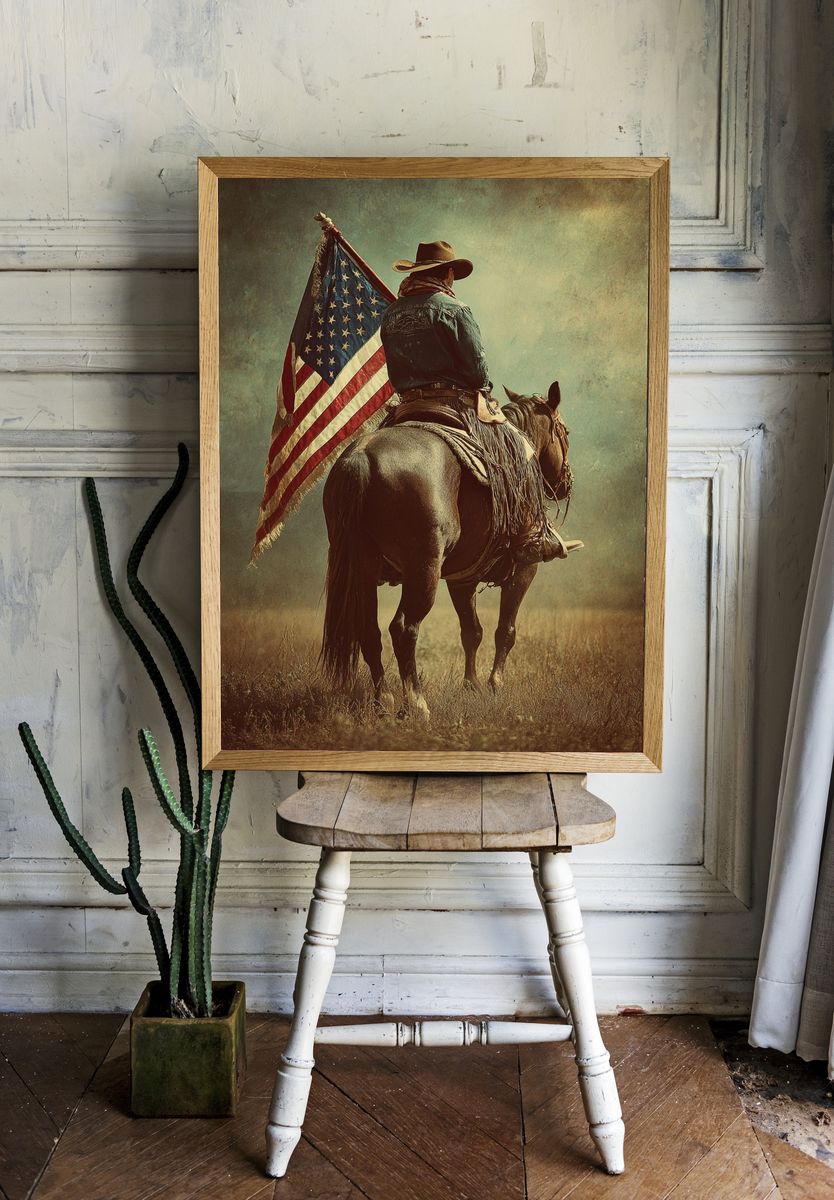 Cowboy on Horse with American Flag Poster. — room view 1
