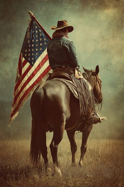 Cowboy on Horse with American Flag Poster. poster print