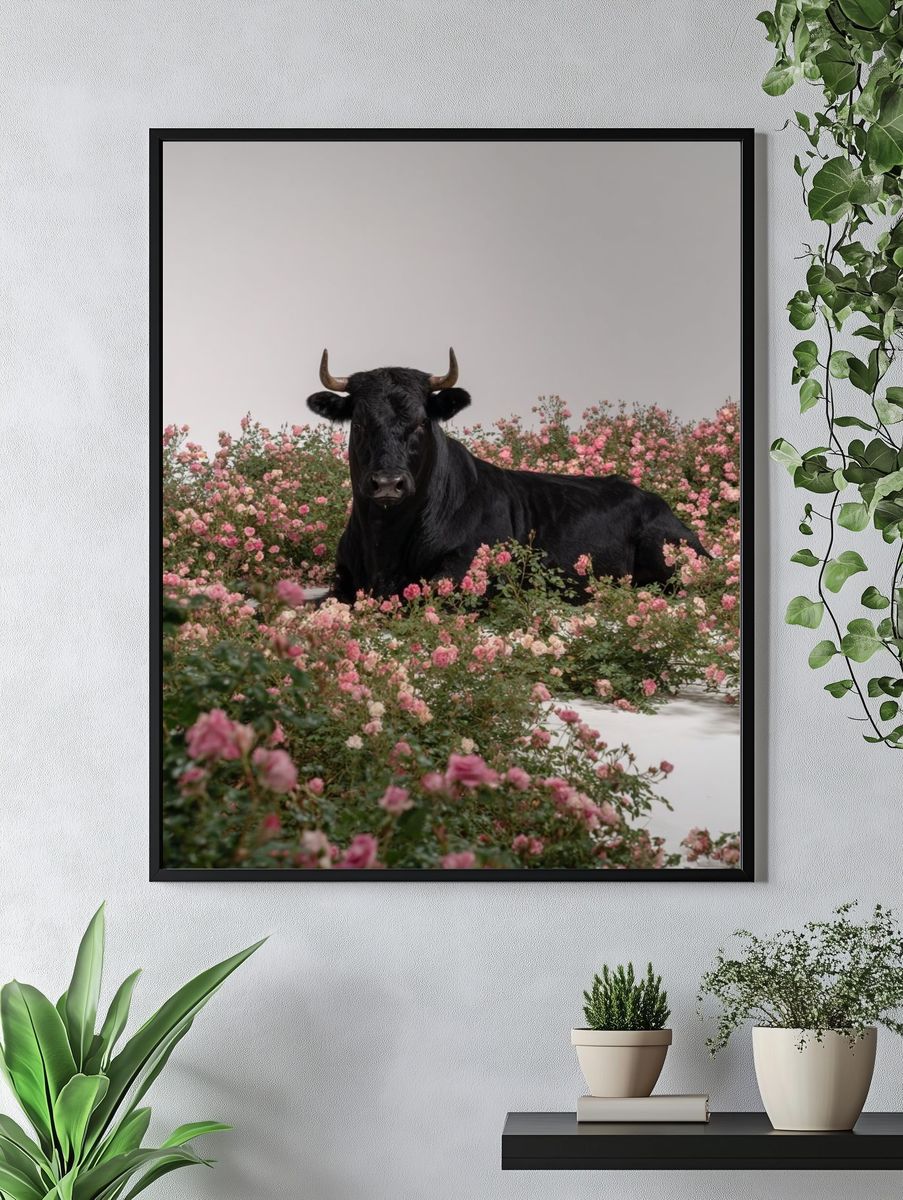 Black Cow in Pink Roses Poster. — room view 4