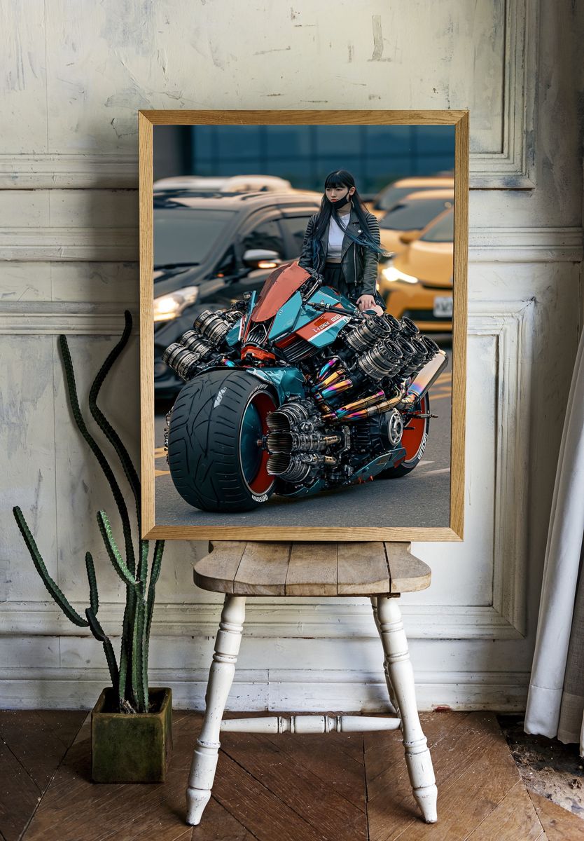 Cyberpunk Motorcycle Rider Poster. — room view 1