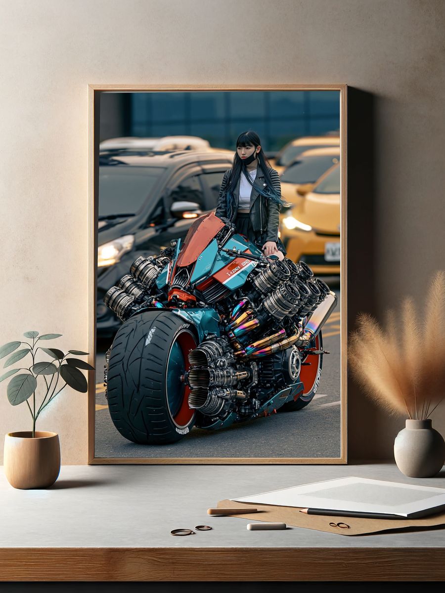 Cyberpunk Motorcycle Rider Poster. — room view 2