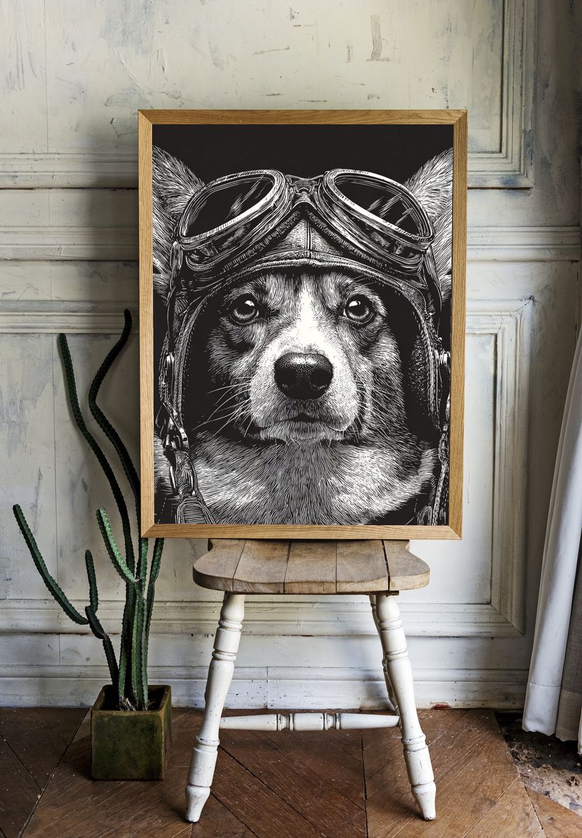Corgi Pilot — Illustration Print. room preview