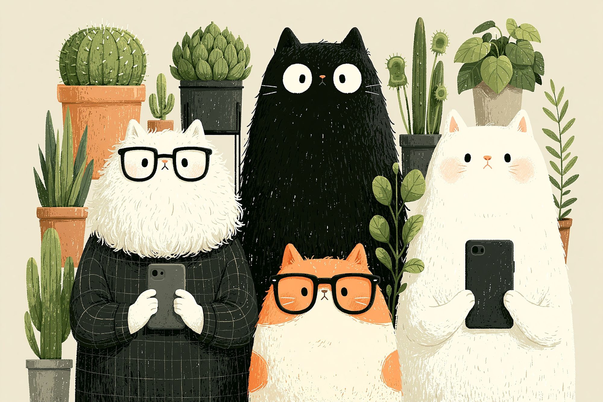 Cat Plant Selfie Illustration Poster. poster detail