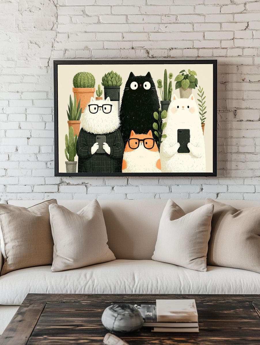 Cat Plant Selfie Illustration Poster. — room view 1
