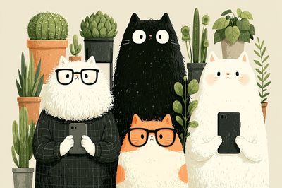 Cat Plant Selfie Illustration Poster. poster