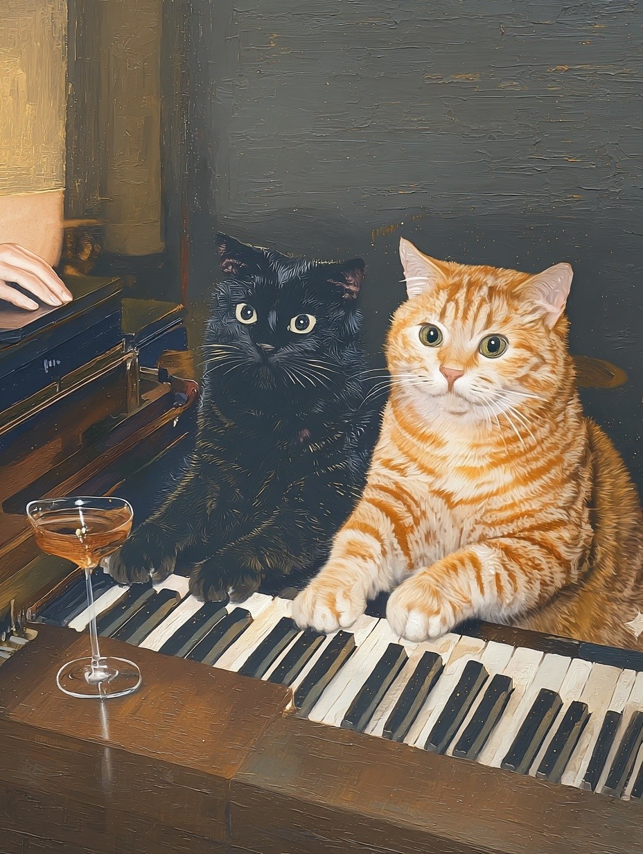 Cats Playing Piano — Funny Print. poster — animals art