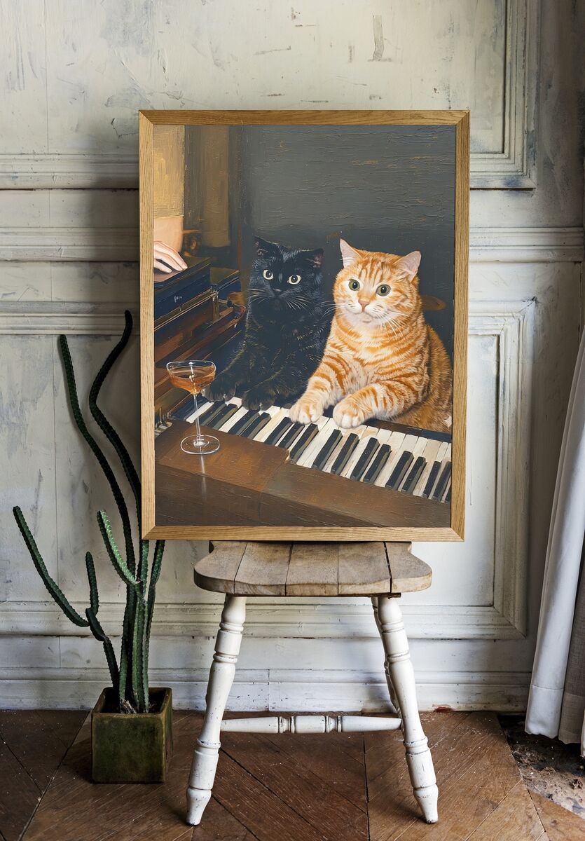 Cats Playing Piano — Funny Print. room preview