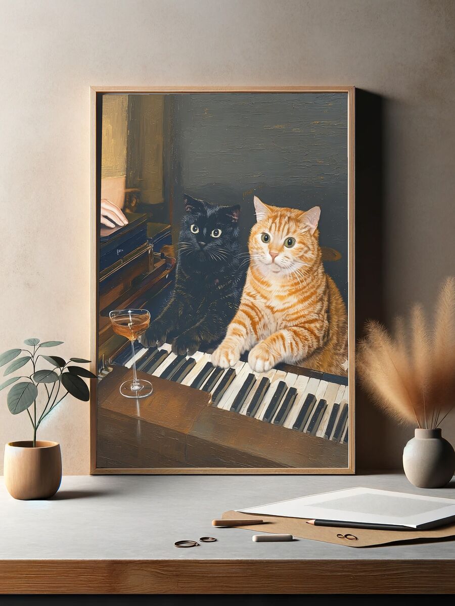 Cats Playing Piano — Funny Print. — room view 2
