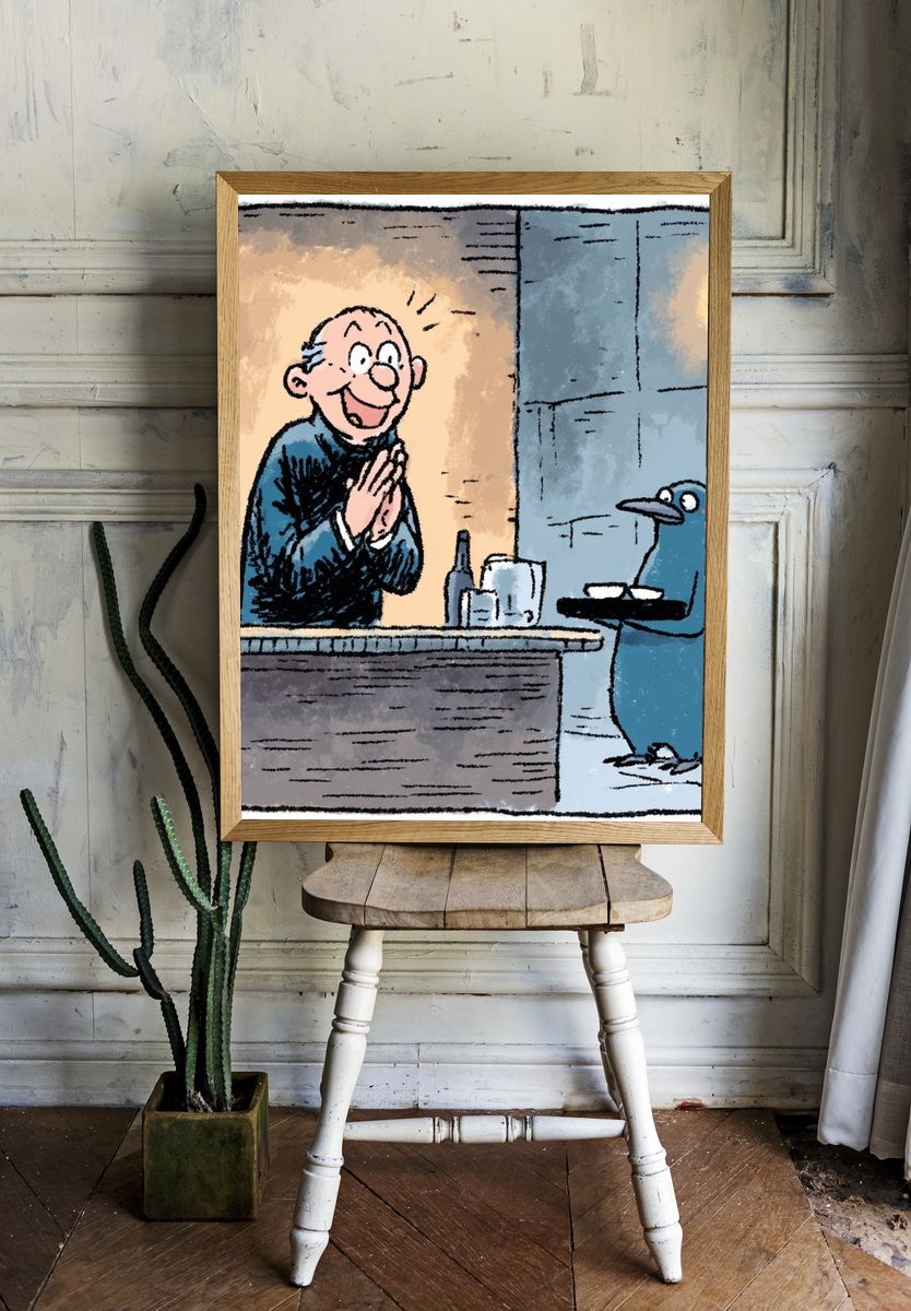 Happy Bartender and Penguin — Cartoon Print. room preview