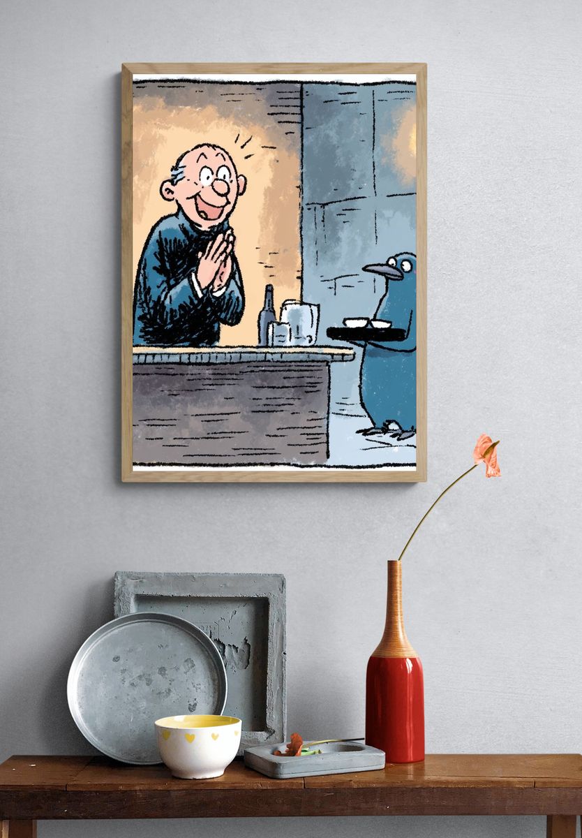Happy Bartender and Penguin — Cartoon Print. — room view 3
