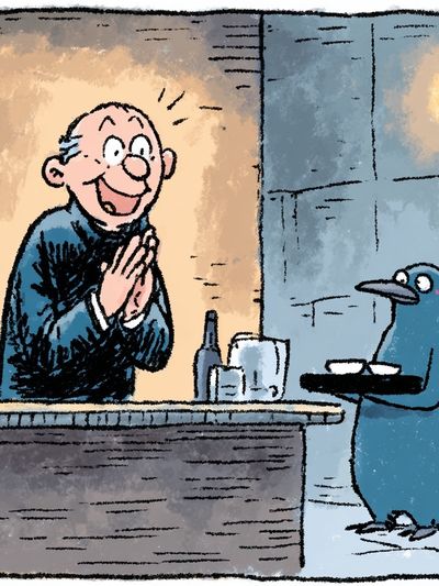 Happy Bartender and Penguin — Cartoon Print. poster print