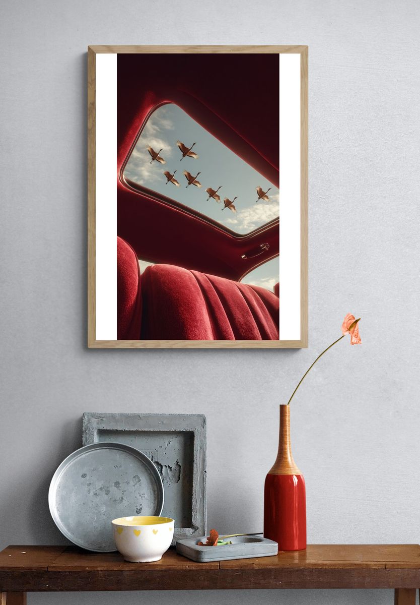 Cranes in Flight — Surreal Photography Poster. — room view 3