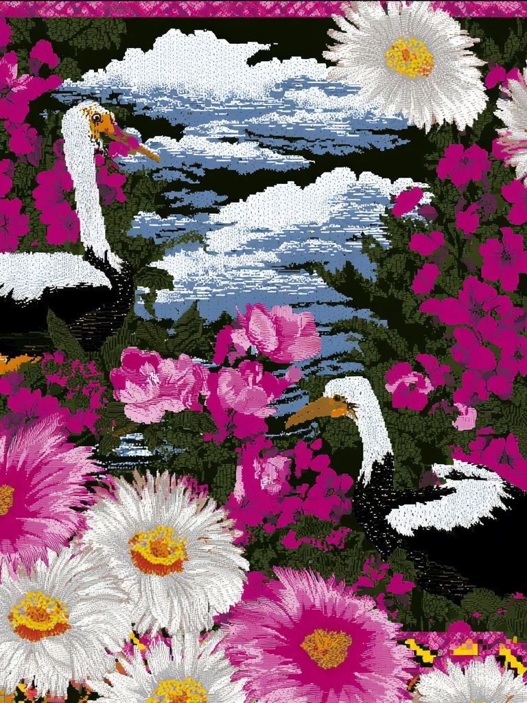 Crane and Daisy Garden Poster. poster detail