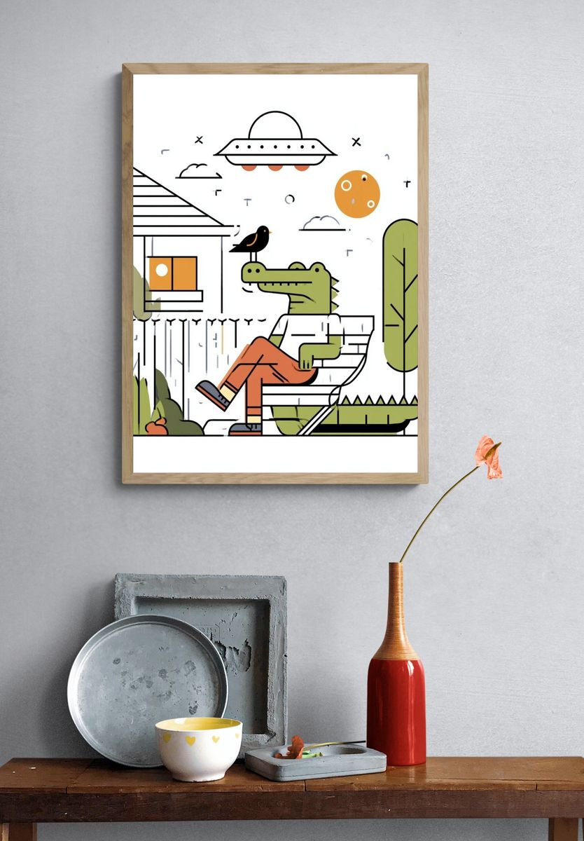 Crocodile in Garden Illustration Poster. — room view 3