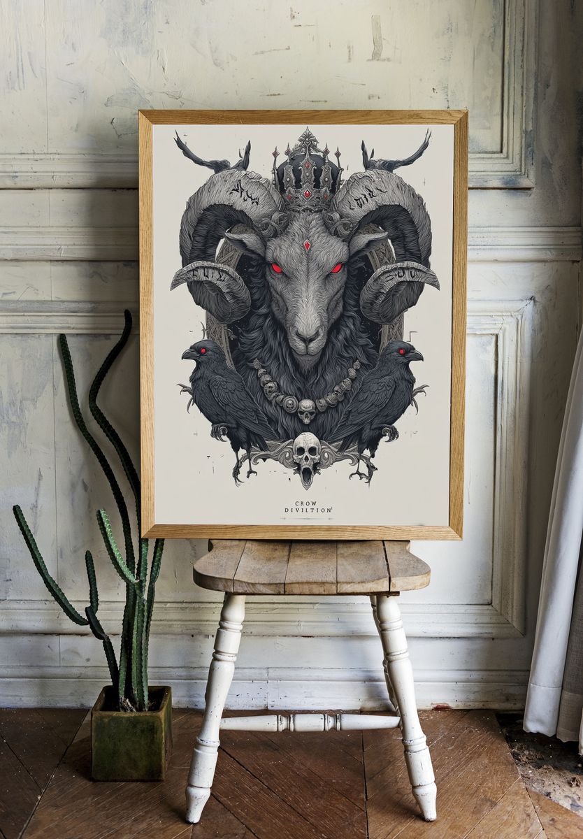 Crowned Ram with Crows — Illustration Print. room preview