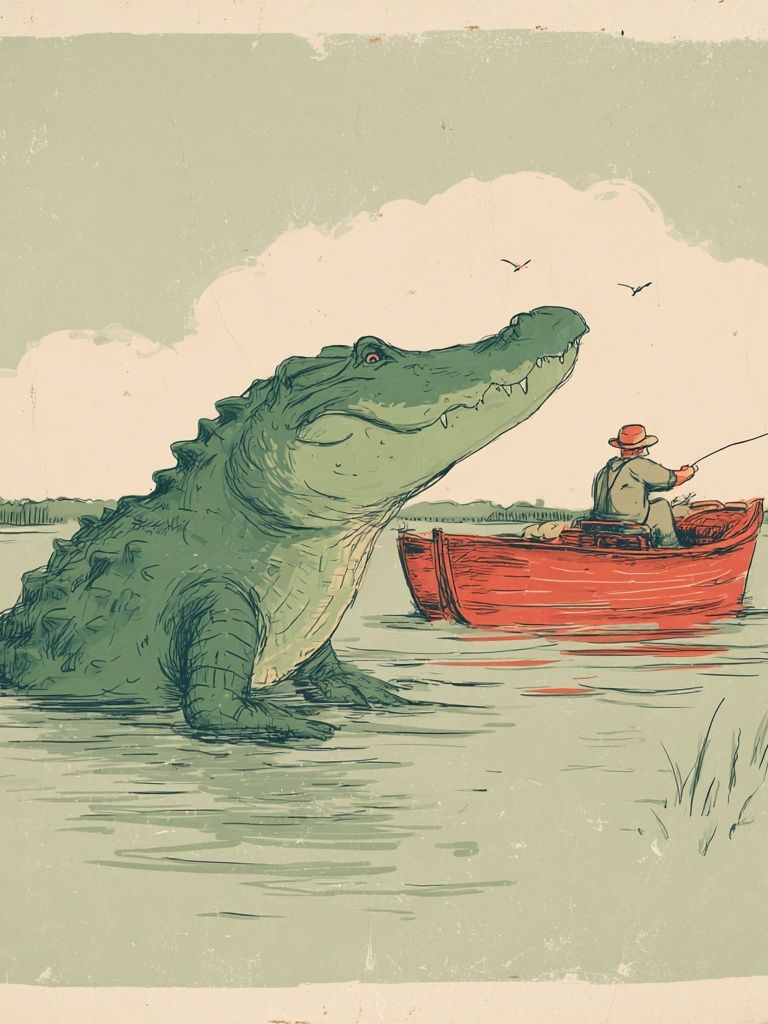 Crocodile Fishing Scene Illustration Poster. poster detail