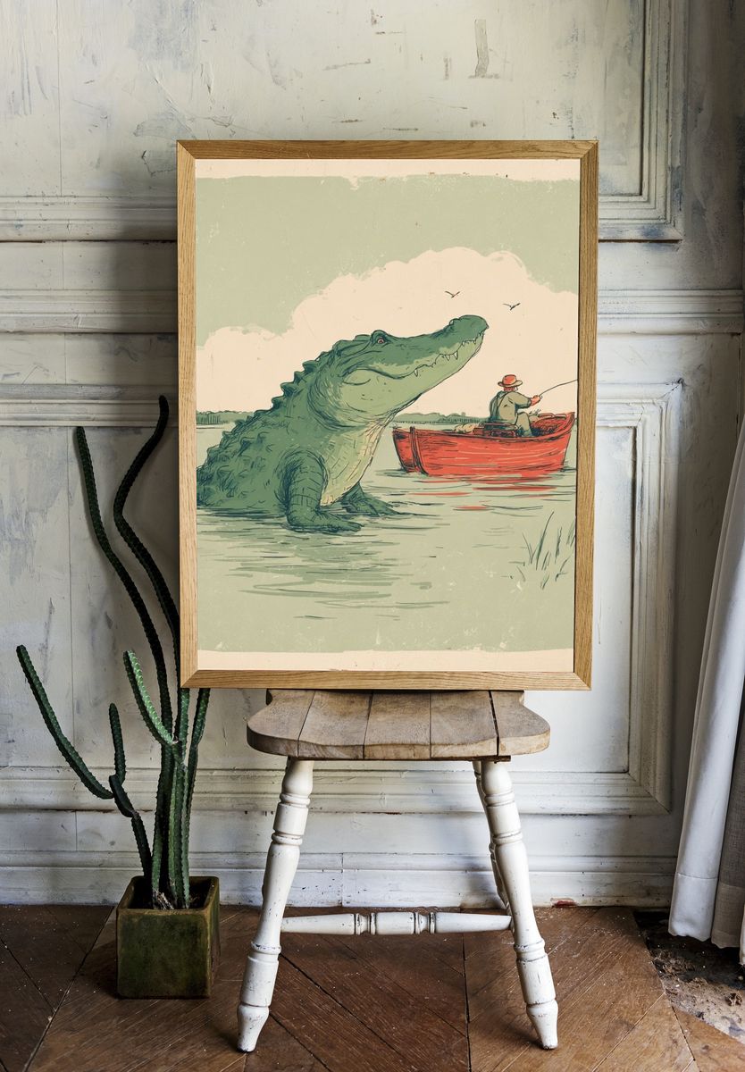 Crocodile Fishing Scene Illustration Poster room preview