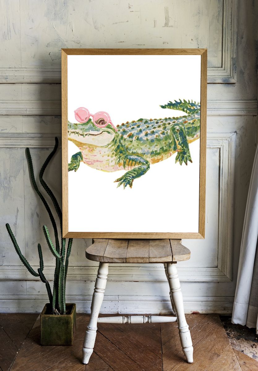 Cool Crocodile — Watercolor Print. room preview