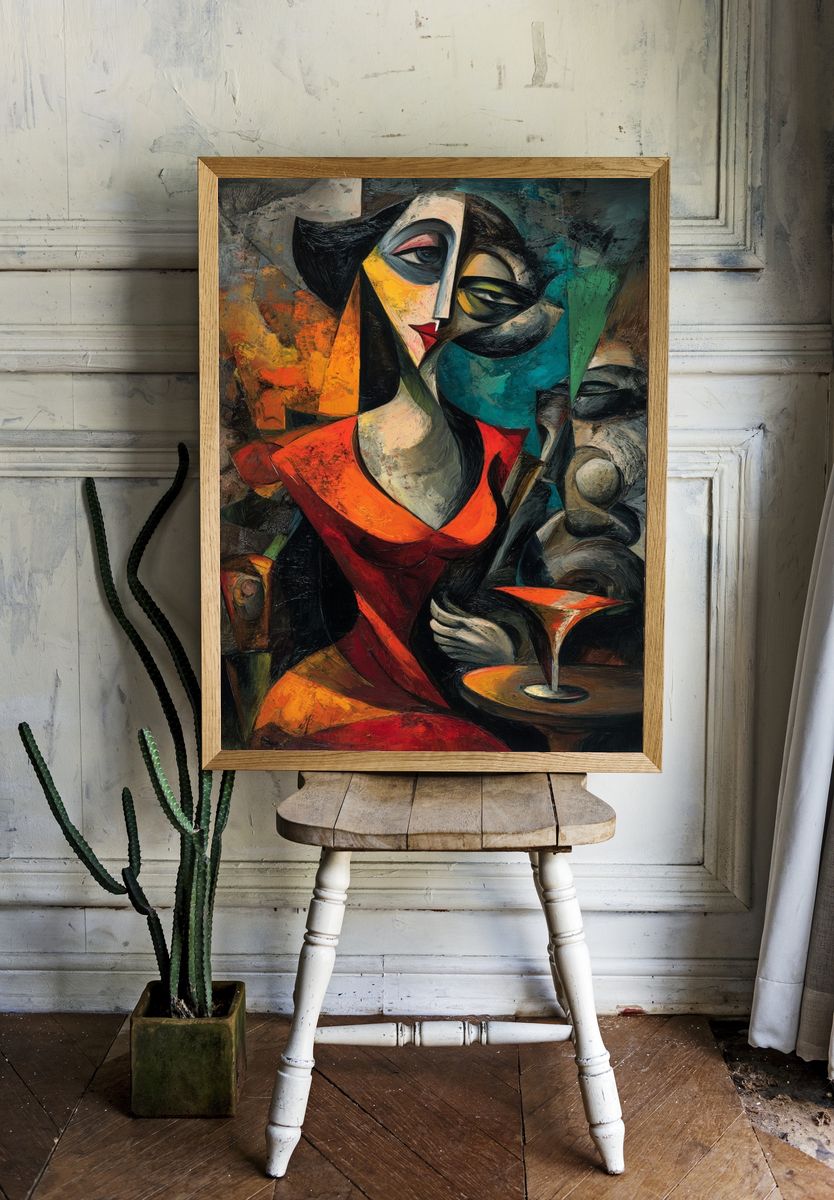 Cubist Woman with Cocktail Print. room preview