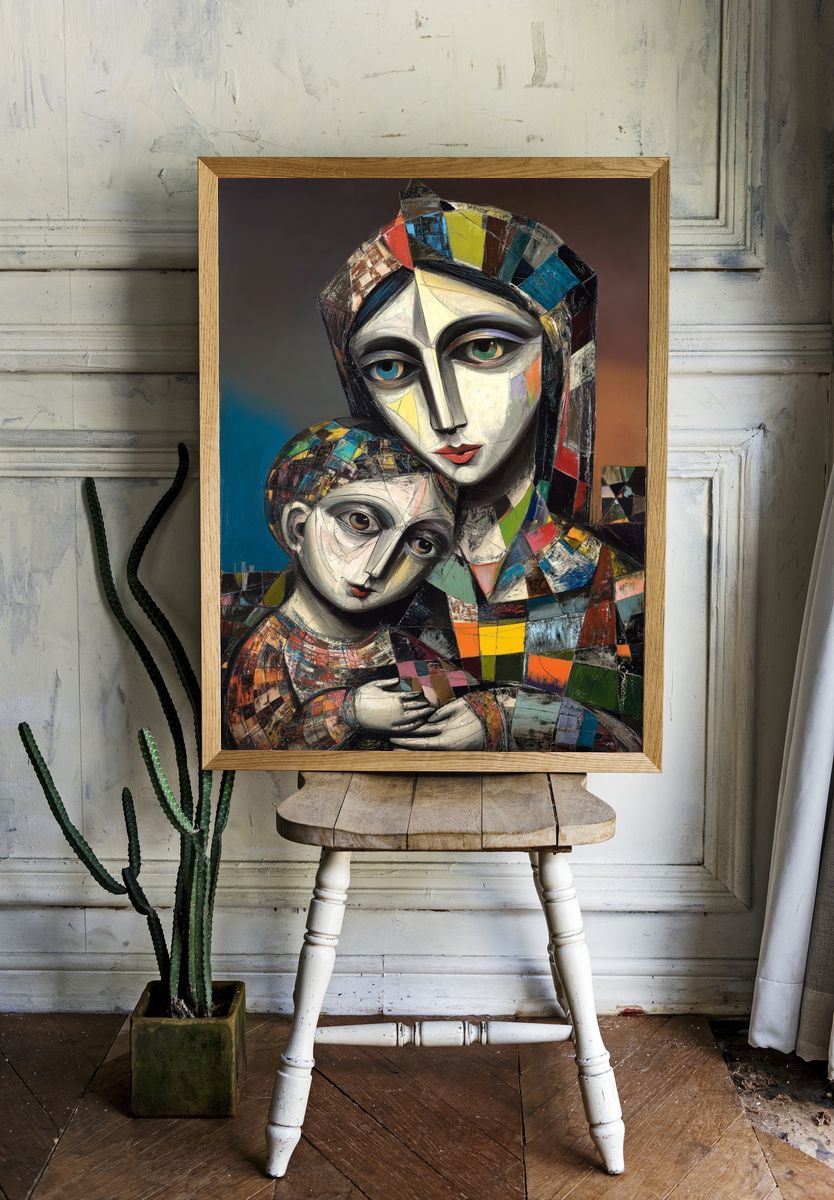 Cubist Mother and Child Print. room preview