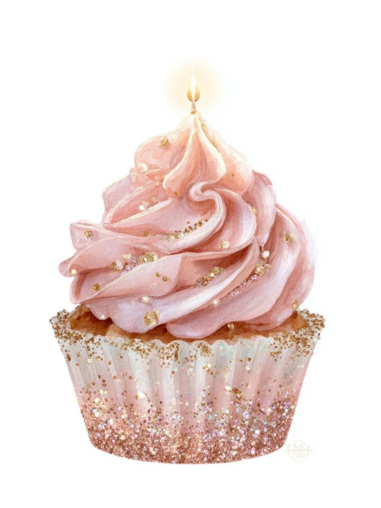 Pink Cupcake with Candle — Illustration Print. poster detail