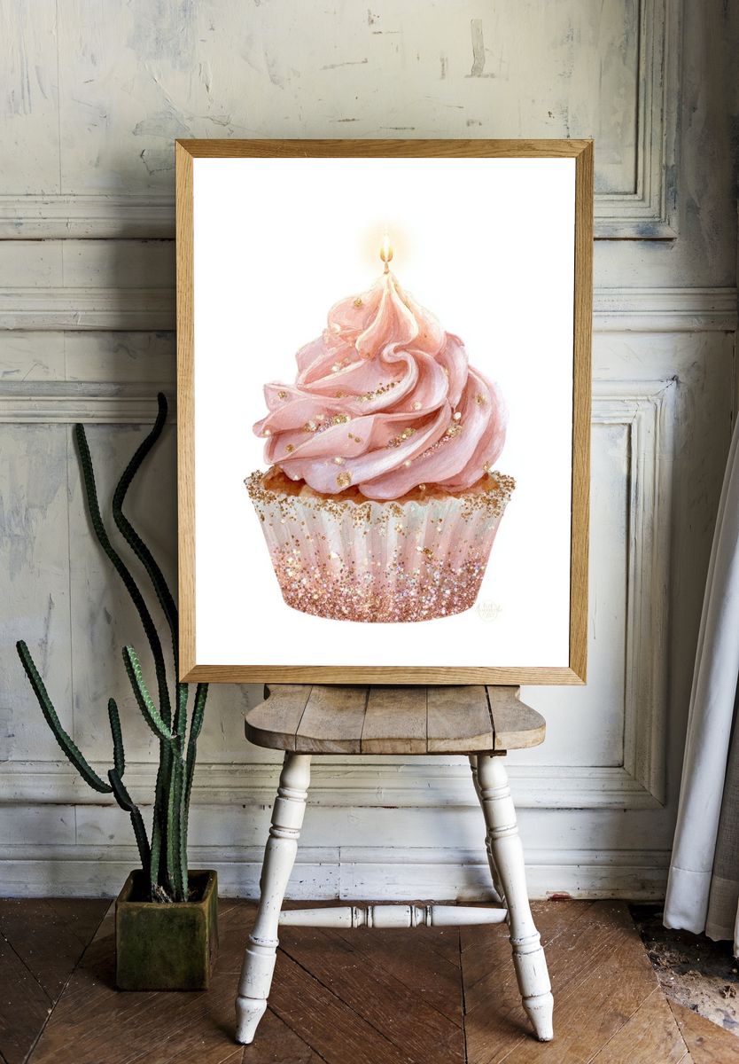 Pink Cupcake with Candle — Illustration Print. room preview