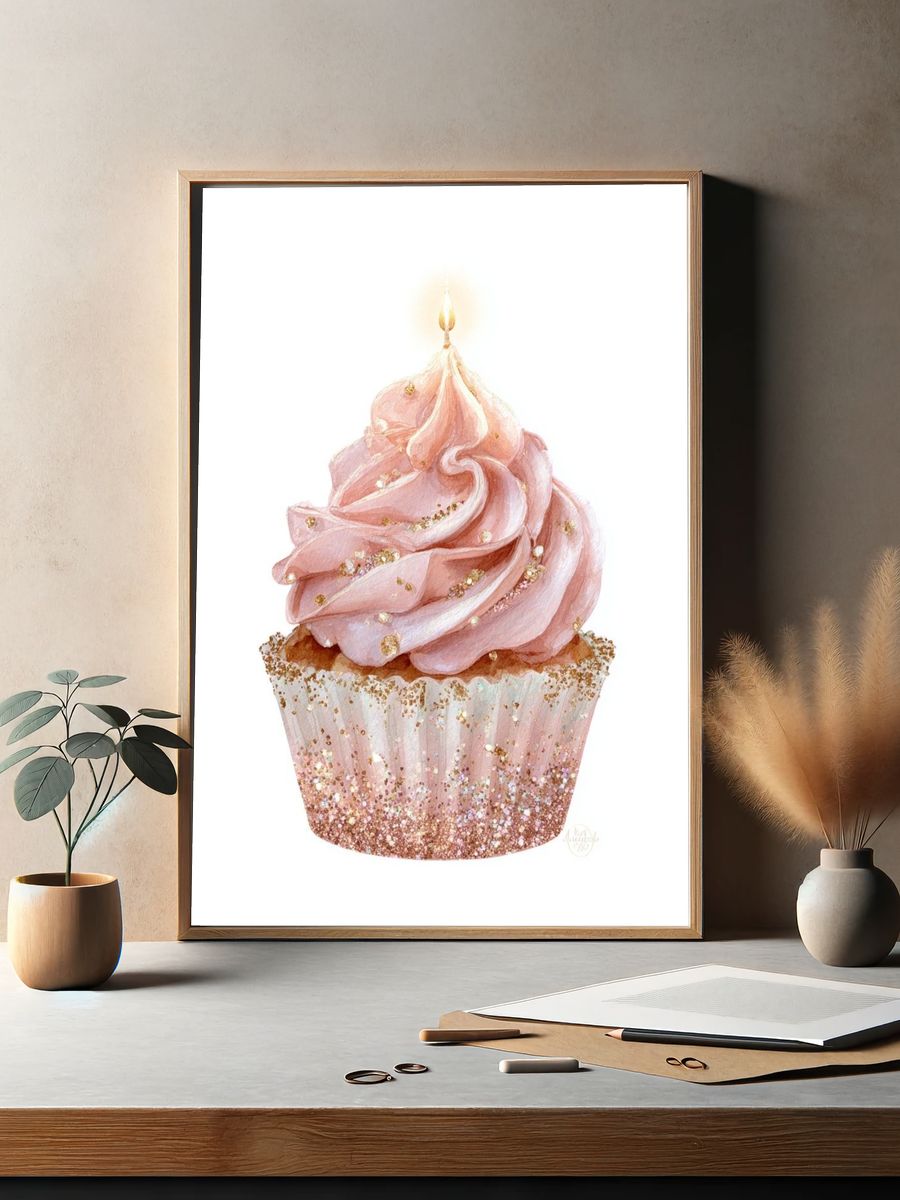 Pink Cupcake with Candle — Illustration Print. — room view 2