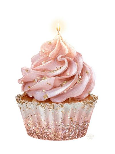 Pink Cupcake with Candle — Illustration Print. poster print