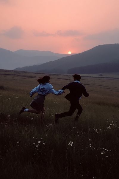 Couple Running at Sunset — Photography Print. poster