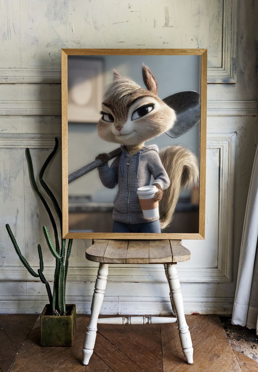 Sassy Chipmunk with Coffee — Digital Art Print. room preview