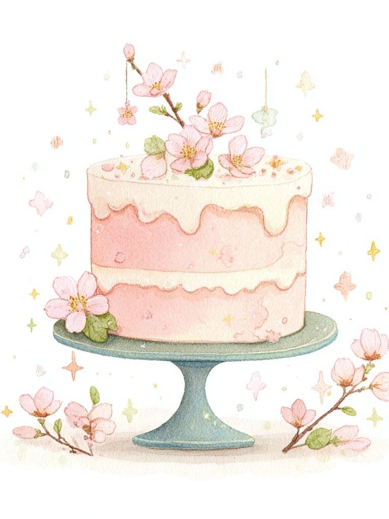 Pink Cake with Blossoms — Watercolor Print. poster — illustration art
