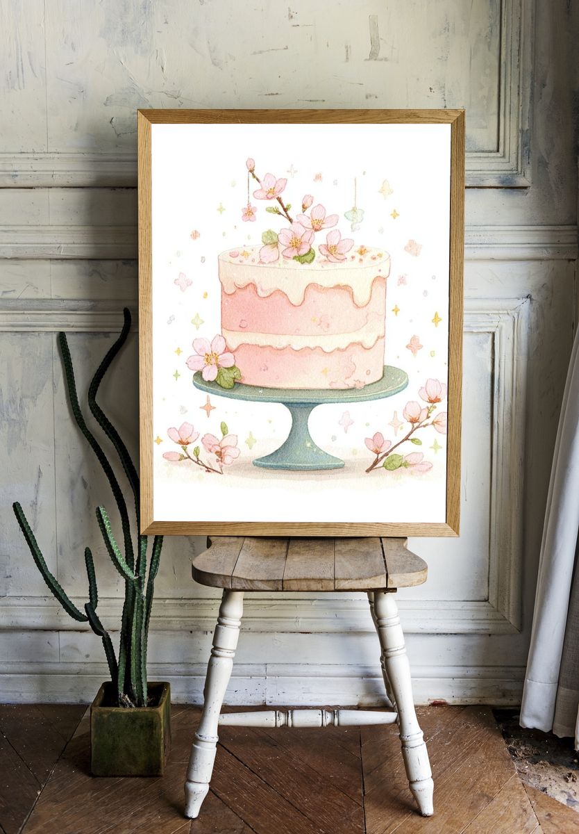 Pink Cake with Blossoms — Watercolor Print. room preview