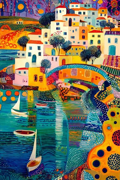 Colorful Coastal Village — Fine Art Print. poster