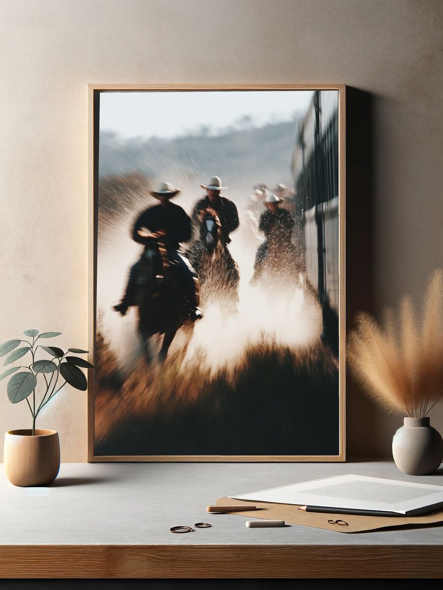 Cowboys Riding Through Dust — Photography Print. — room view 2